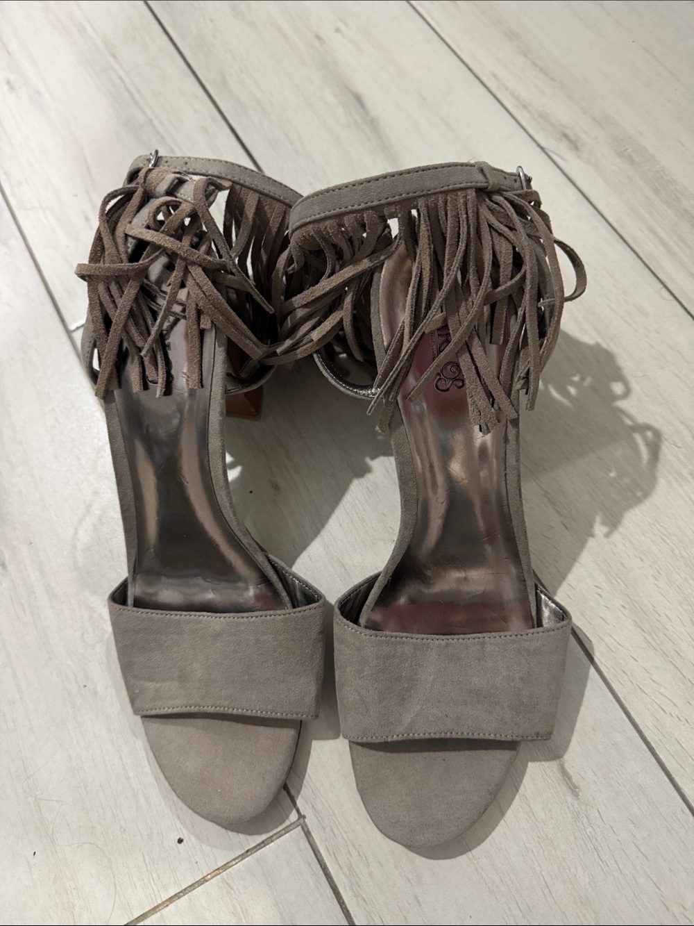 Carlos Santana Taupe Fringe Ankle-Strap Heels